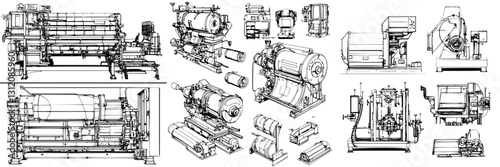 Collection of industrial machinery designs showcasing various types of pumps, motors, and compressors in a technical drawing style
