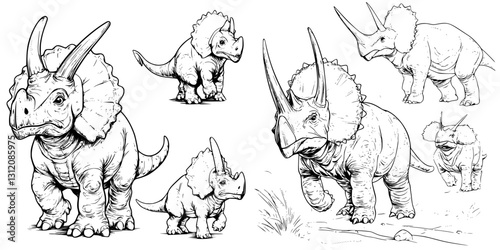 Impressive sketches of triceratops showcasing different poses and perspectives in a prehistoric environment
