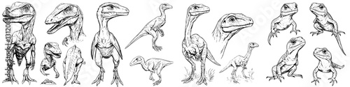 Detailed sketches of various dinosaur species showcasing unique features and characteristics