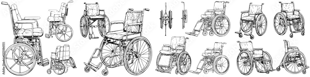 Fototapeta premium Different types of wheelchairs displayed on a white background for comparison and design purposes