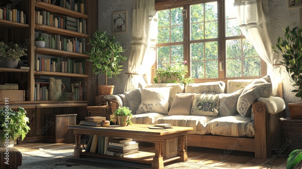 Fototapeta premium Sunlit living room with sofa, bookshelves, and plants.