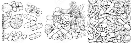 Detailed arrangement of herbal supplements, vitamins, and minerals displayed on a white background