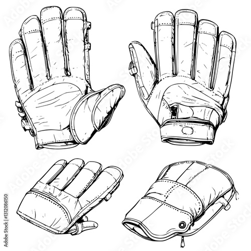 Detailed sketches of leather gloves showcasing various angles and features for design reference and inspiration
