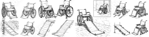 Various designs of wheelchairs and accessibility ramps for improved mobility and assistance