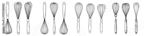 Collection of kitchen whisks in various styles arranged in a neat row for culinary tools display