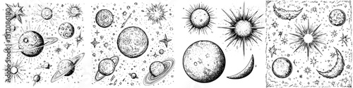 Detailed celestial illustrations featuring planets, stars, and moons in a vintage style, showcasing intricate designs and cosmic beauty