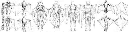 Concept artwork of a wingsuit design featuring multiple angles and details for aerial activity