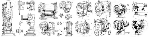 Collection of various machinery schematics showcasing technical details and designs for engineering enthusiasts