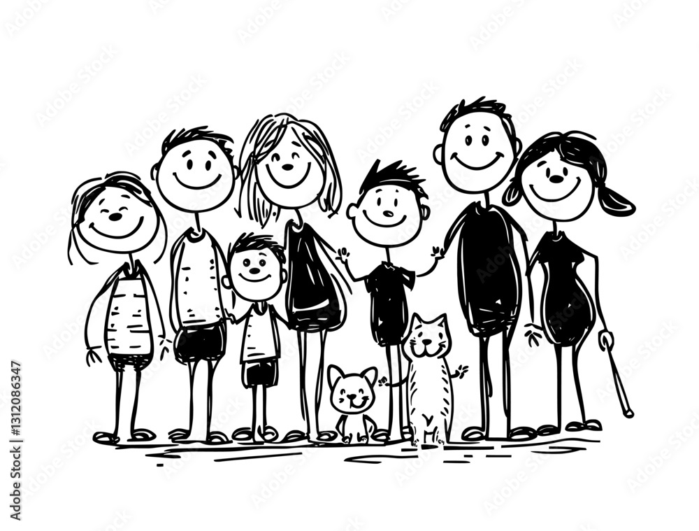 This set of family stick figures, including a mother and father with children, is illustrated in a modern and hand-drawn cartoon doodle style, conveying a sense of happiness and togetherness This set of family stick figures, including a mother and father with children, is illustrated in a modern and hand-drawn cartoon doodle style, conveying a sense of happiness and togetherness