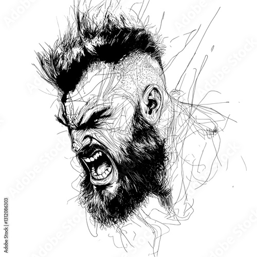 Cartoon man with a beard is depicted in a rainbow gradient line drawing
