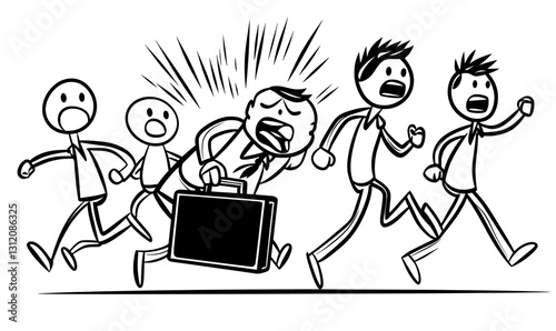 A conceptual illustration featuring modern cartoon stick figures shows a group of men or businessmen in a state of panic, running away from an auditor, examiner, or inspector, highlighting the