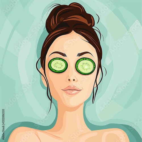 Woman with cucumber eyes relaxing, flat vector art style

