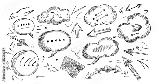 Hand-drawn elements for infographics are positioned on an isolated background, including speech bubbles to represent thoughts and conversations, and doodles that utilize hatching, with the entire