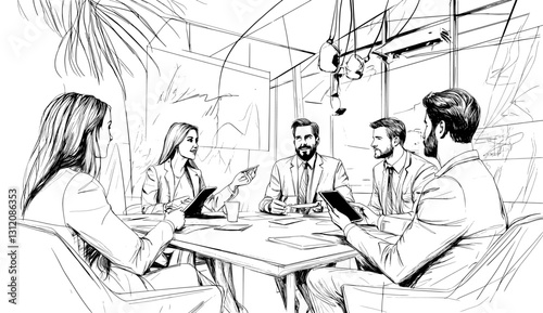 In a continuous line drawing, a team of business people are shown conversing in a conference room setting, creatively brainstorming and developing strategies for a new project isolated on a white