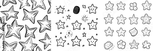 Modern stars in a hand-drawn doodle style, colored black and presented on a white background, can serve as a repeating pattern or a standalone design, characterized by a sketchy brush marker effect