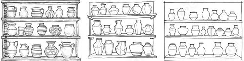 A collection of earthenware pottery, including jugs, vases, and dishes, is arranged on shelves in a line art style design, with clay bowls and pots isolated on a white background