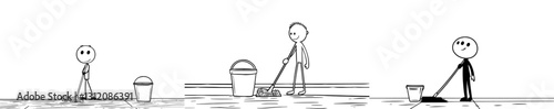 A man is depicted mopping the floor in a modern cartoon stick figure conceptual illustration drawing