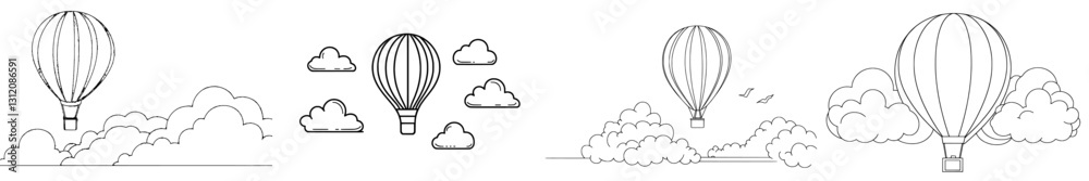 Obraz premium A minimalist illustration of a hot air balloon floating among clouds is depicted in a continuous line art drawing style with a modern black linear design isolated on a white background