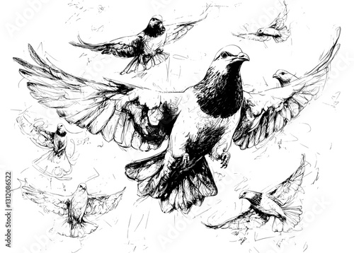 Modern conversion of a hand-drawn illustration, depicting a set of birds in flight and a titmouse sketch, with a transparent background and outlined design