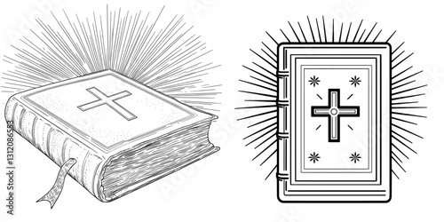 A sunburst and Bible book are showcased together in a beautifully hand-drawn modern illustration