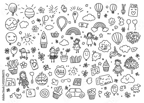 The set includes modern hand-drawn doodles for kids, placed on a white background, and incorporates design elements related to baby showers