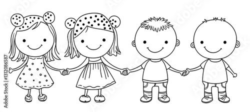 A modern black and white line art graphic illustration showcases a group of happy children standing together and holding hands, representing the concept of friendship