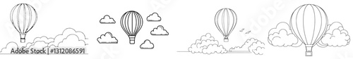 A minimalist illustration of a hot air balloon floating among clouds is depicted in a continuous line art drawing style with a modern black linear design isolated on a white background