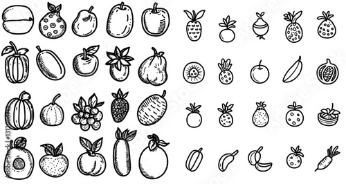 A collection of various fruits and vegetables, such as those used in baby food, featuring banana, strawberry, apple, peach, plum, carrot, zucchini, and potato, presented in a hand-drawn cartoon