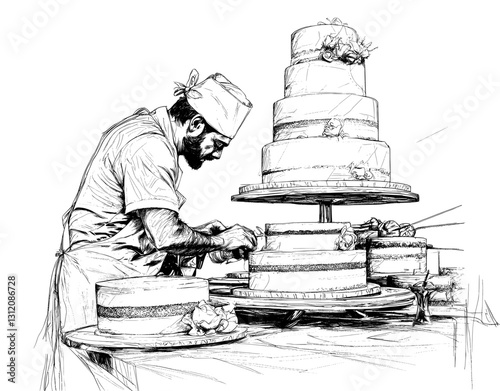 A minimalist illustration, drawn with a single, continuous line, depicts a pastry chef cooking a cake, presented in a flat, isolated outline, typical of hand-drawn doodle art