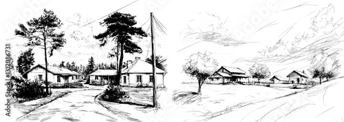 The image is a meticulous, hand-drawn illustration of a farmhouse accompanied by a tree, created using black and white ink, with a sketch-like quality, and offered in modern format