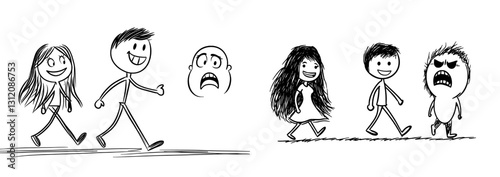 Modern cartoon stick figure drawing conceptual illustration of couple of boy and girl, or man and woman walking together while man likes another woman and watching her translates to Conceptual