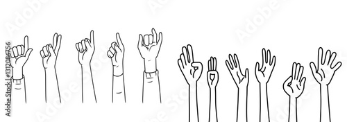 An illustration of various hands is depicted with cartoon gloves on