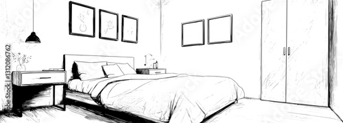 The modern illustration features a cozy bedroom with line art interior scene isolated on a white background, including a home room with black silhouettes of a bed, wardrobe, nightstands, mirror, and