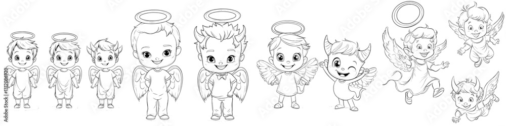 Modern illustration featuring an angel and a devil in line art style suitable for a coloring book, depicted as cartoon characters Modern illustration featuring an angel and a devil in line art style suitable for a coloring book, depicted as cartoon characters