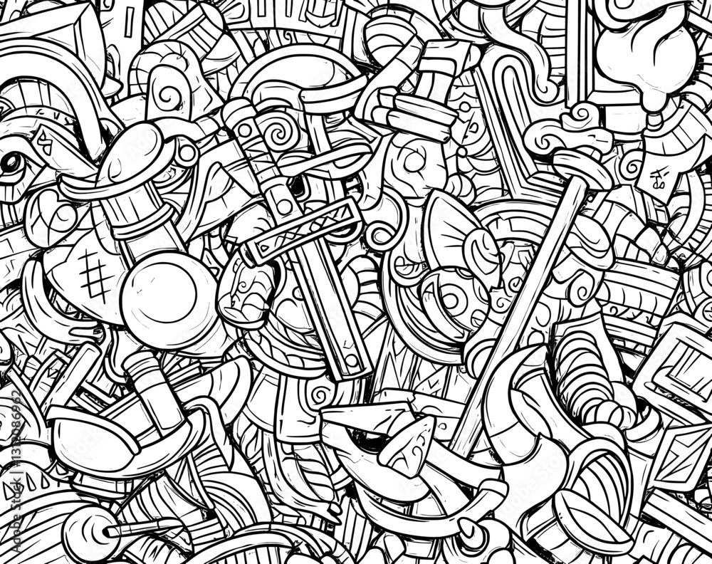 Obraz premium A modern set of Scandinavian Vikings features hand-drawn designs including a helmet with horns, sword, boat, axe, spear, and another boat, all with isolated black lines on a white background for use