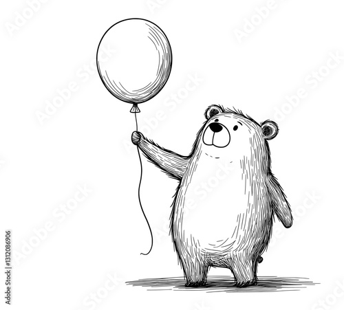 A contemporary cartoon teddy bear is depicted in isolation, characterized by its cute appearance and accompanied by a balloon, all rendered in a contour line drawing style