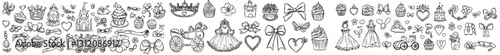 A doodle set featuring princess-themed clothes and lifestyle attributes, including a castle, dress, crown, cupcake, mirror, jewellery, shield, bag, teapot, bow, and decorations, all isolated on a