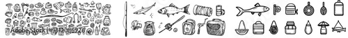 Collection of hand-drawn fishing gear and accessories, including hooks, worms, camping equipment, clothing, buckets, fish, bonfires, and lamps, set against a transparent background for outdoor