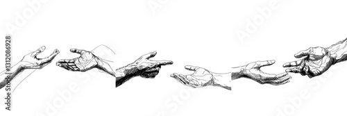 A close-up sketch of two human hands reaching for each other, rendered in monochrome with outline graphic elements, symbolizing Valentine's Day, with a black line isolated on a white background,