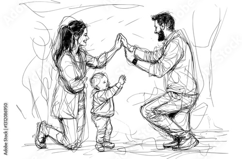 A continuous line drawing illustrates a heartwarming scene of a young father giving his son a high five as the mother tenderly carries their sleepy daughter, embodying modern parenting
