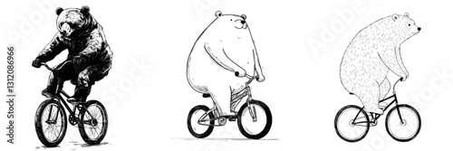 The design for a T-shirt apparel print features a black and white hand drawn image of a cartoon circus bear riding a unicycle, showcased in a modern illustration style with color line art sketch