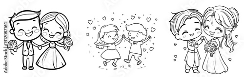 Just Married Doodle' is a hand-drawn, modern cartoon illustration featuring a newlywed couple