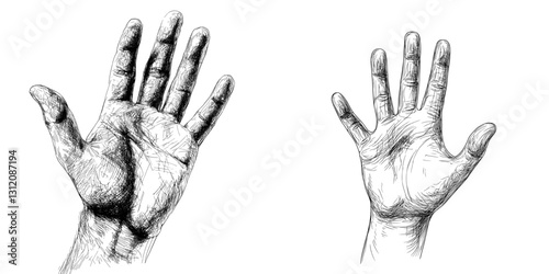 A simple, hand-drawn modern illustration in black and white line style shows an open hand with five fingers, representing a hello sign or the numeral five
