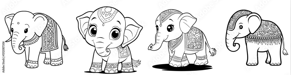 Obraz premium A cute cartoon elephant doodle is decorated with an Indian elephant bearing painted flowers in a black and white line art style suitable for coloring