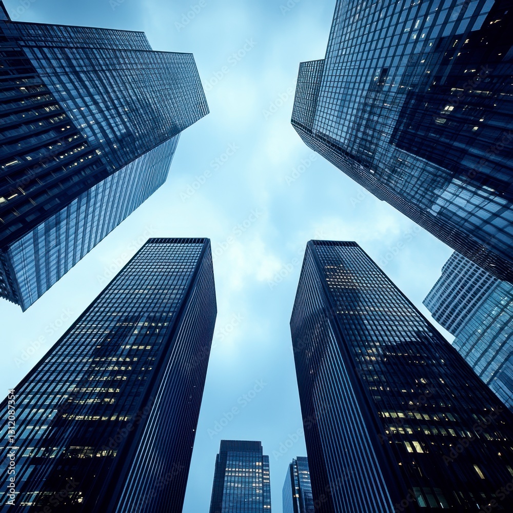 Low angle view of five skyscrapers reaching towards an overcast sky. Modern glass and steel architecture dominates the image. Low angle view of five skyscrapers reaching towards an overcast sky. Modern glass and steel architecture dominates the image.