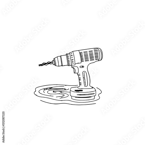 The image features a modern illustration of a line icon for a screwdriver power drill on a white background
