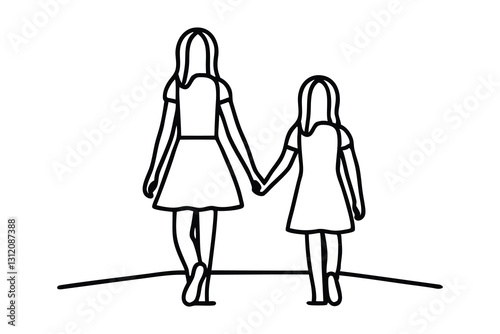 Mother and daughter walking hand in hand, symbolizing love and connection line art flat vector illustration.