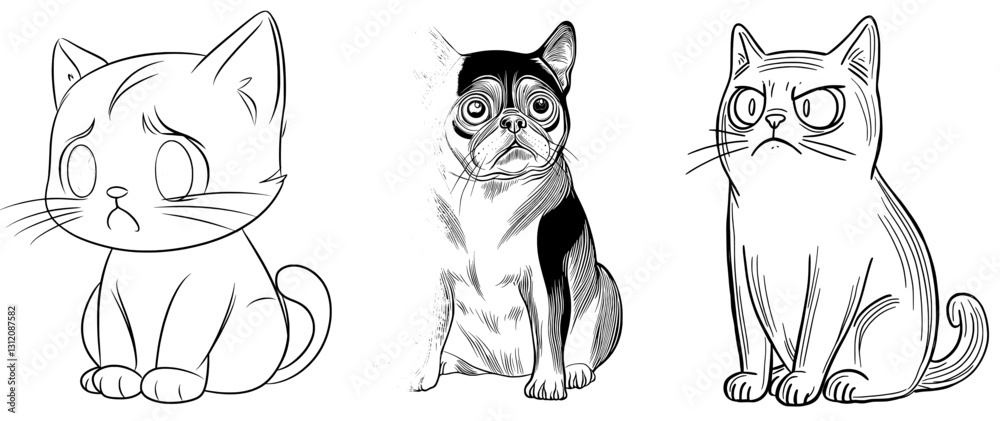 Fototapeta premium A cartoon cat displaying nervousness is depicted in a line drawing with a rainbow gradient effect