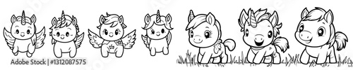 Kids can enjoy coloring a cute pony unicorn and baby horse, featured in a cartoon line art illustration from an animal coloring book