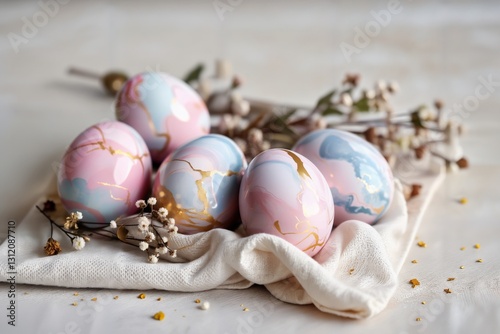 Edel marmorierte Ostereier in Pastelltönen von Rosa, Blau und Gold liegen auf Leinenstoff. Getrocknete Blumen und goldene Akzente ergänzen die Szene. Ein weicher, neutraler Hintergrund.